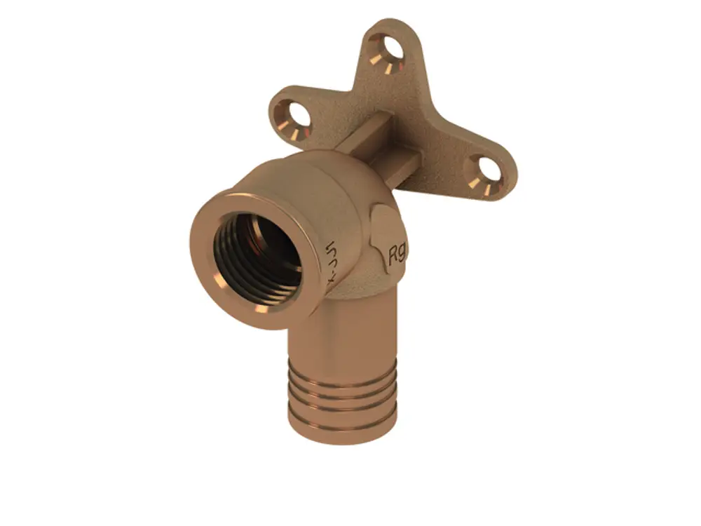 TECE Universal-Wandscheibe aus Rotguss/Si-Bronze mit seitlichem Gewindeanschluss. Das Produkt hat eine flache Montagebasis mit mehreren Befestigungslöchern.